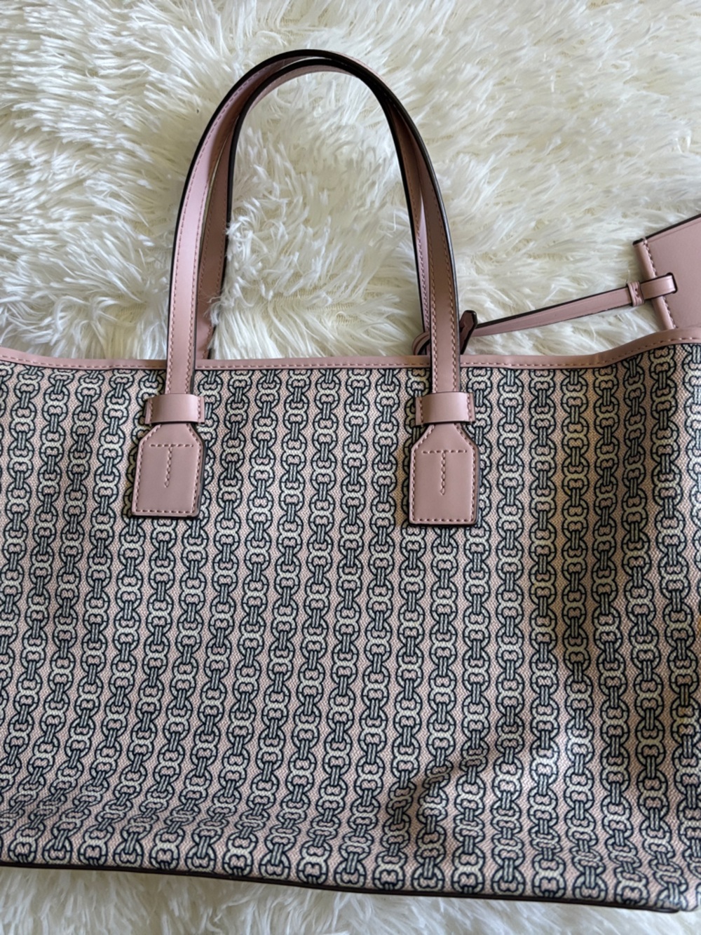 Tory Burch Pink and Cream Logo-Striped Canvas Tote - Picture 2 of 11